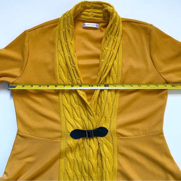 EUC DRESSFO CABLE COLLAR LONG TAPERED Mustard Gold CARDIGAN SWEATER w BUCKLE MED - Picture 11 of 12